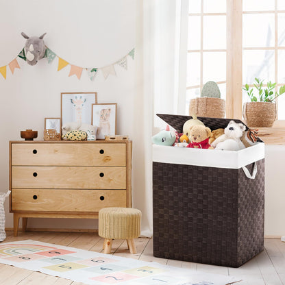 YOUDENOVA Handwoven Laundry Basket Hamper with Removable Liner Bag and Lid, Collapsible Clothes Hamper with Handle, Brown