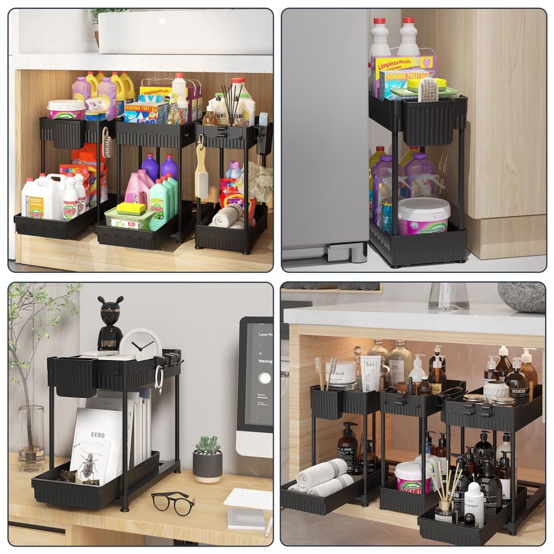 Sevenblue 3 Pack Under Sink Organizers, 2-Tier Multi-Use Kitchen and Bathroom Organizers and Storage with Sliding Drawers，Bathroom Cabinet Organizer (Black, 12.8 Inch)
