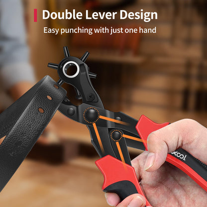 Revolving Punch Plier Kit, XOOL Leather Hole Punch Set for Belts, Watch Bands, Straps, Dog Collars, Saddles, Shoes, Fabric, DIY Home or Craft Projects, Heavy Duty Rotary Puncher, Multi Hole Sizes Make
