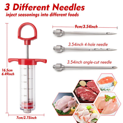 TGE-V 1-oz Plastic BBQ Marinade Injector Kit, Turkey Injector Syringe (3 Stainless Steel Meat Needles + 3 Replacement O Rings + 1 Cleaning Brush) for Smoked BBQ Grill