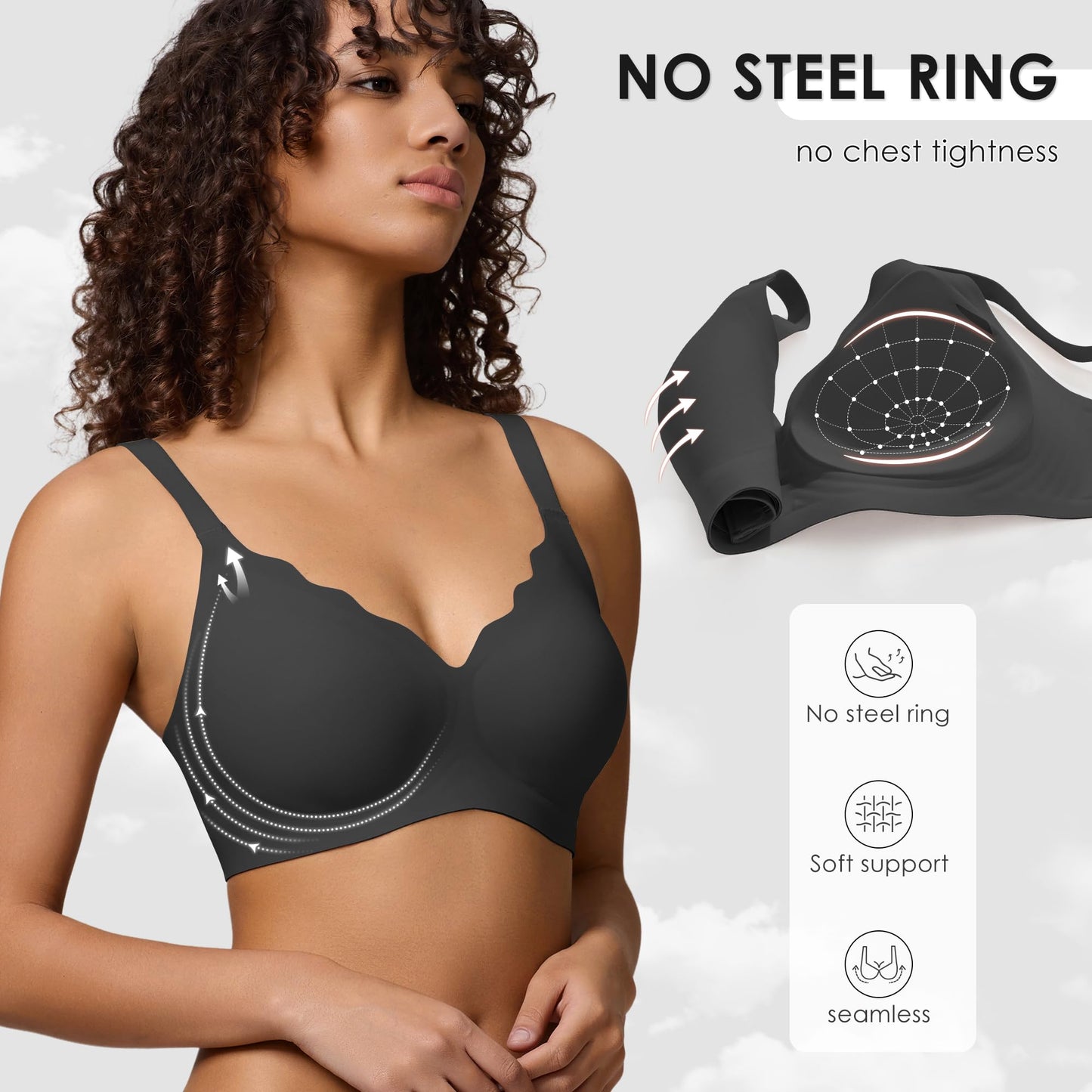 Seamless Wireless Bra for Women with Support - No Underwire Full Coverage Push Up Comfort Bras - Smoothing Fashion Clothing for Womens Girlfriend Gift - Christmas Birthday Gifts for Women(Black,L)
