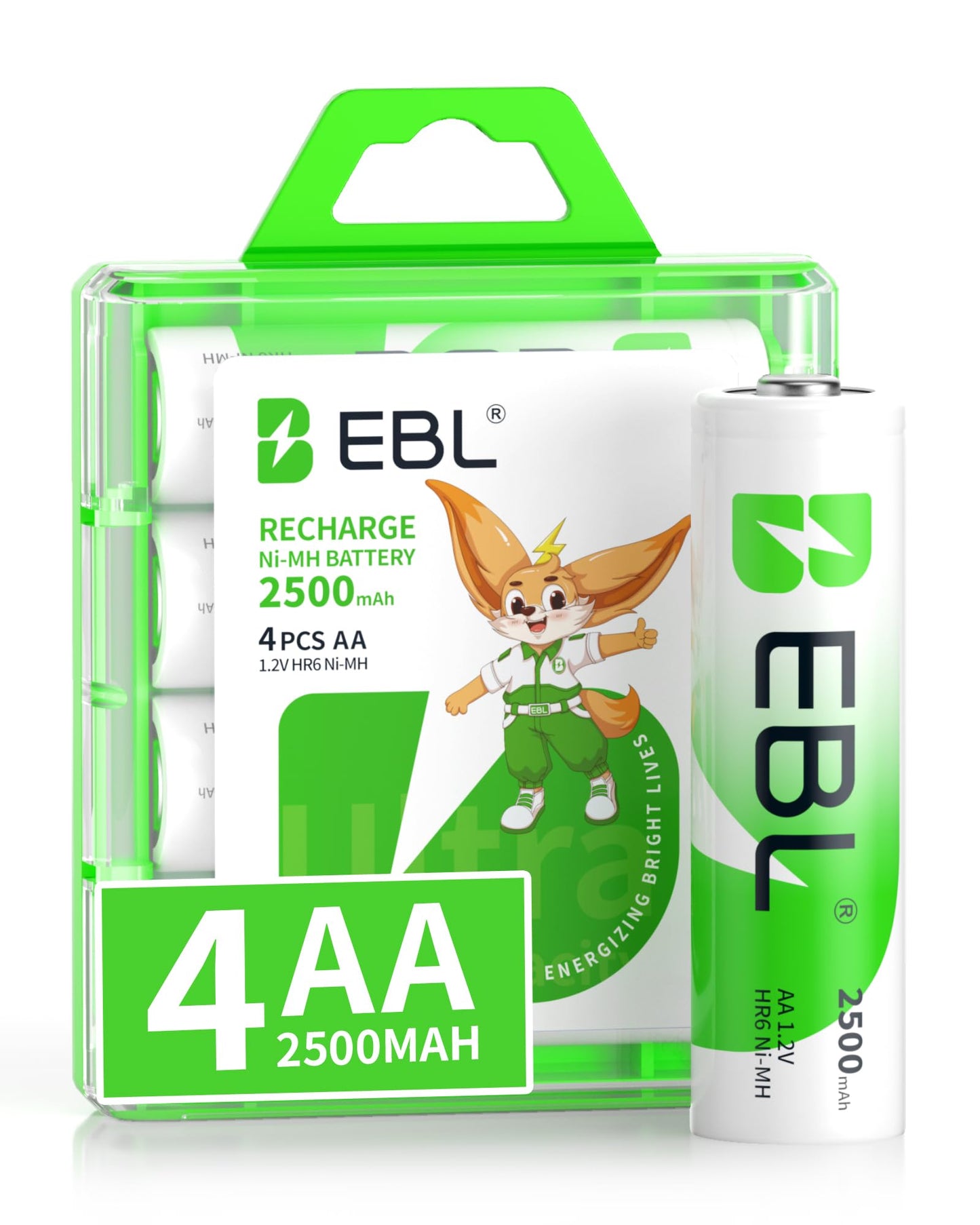 EBL AA Rechargeable Batteries 1.2V 2500mAh High Performance Pre-Charged AA Batteries - 4 Pack
