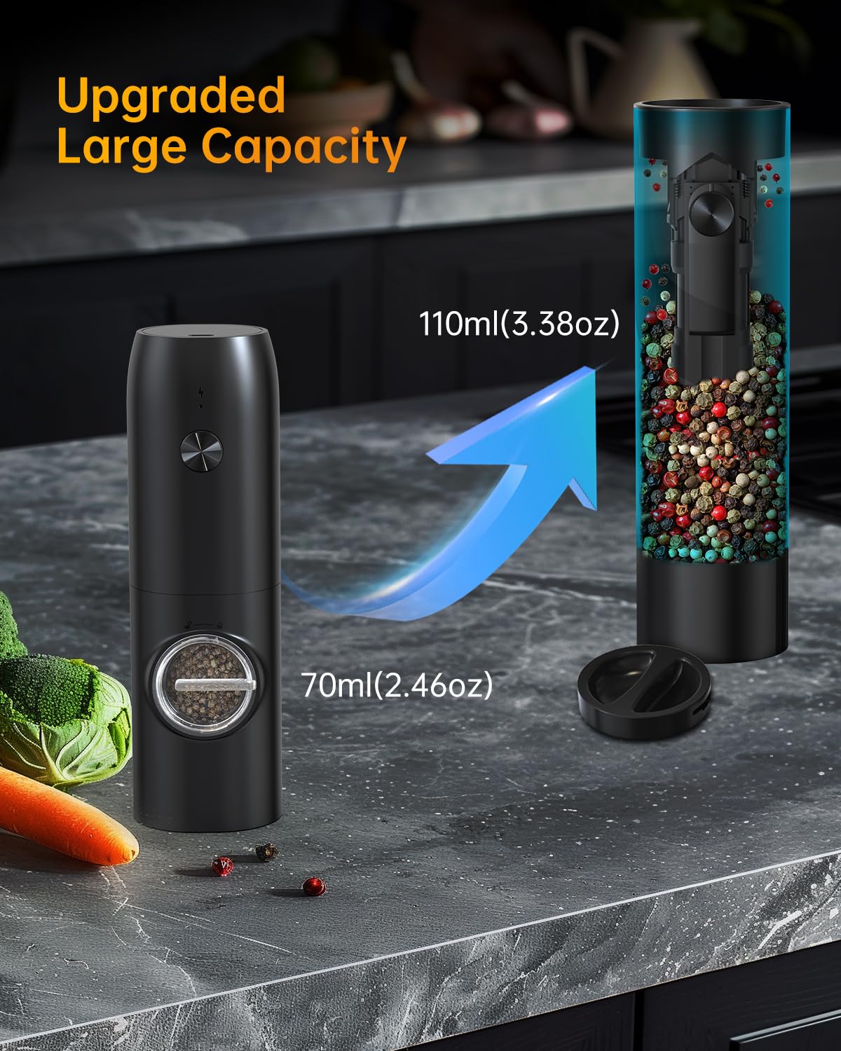 CIRCLE JOY Electric Rechargeable Salt and Pepper Grinder Set Top-Refill Automatic Pepper Mill Grinder with Charging Base, Adjustable Coarseness, Easy Filling Larger Capacity with Led for Home Kitchen