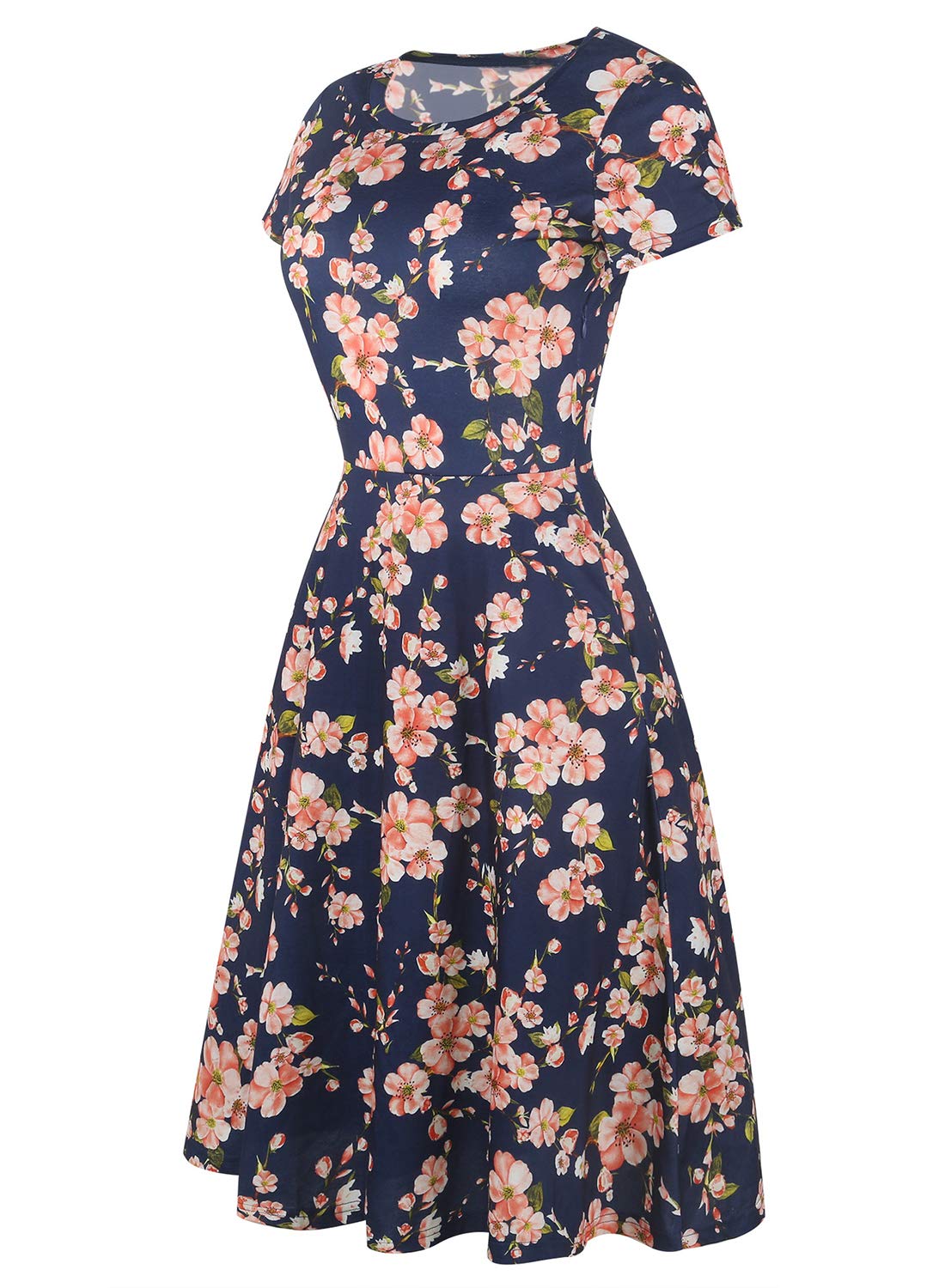 Prime Wardrobe Womens Clothing Vintage Beautiful Casual Short Sleeve Ladies Floral Fit Flare Party Cocktail Aline Swing Dress 162 (M, Navy)