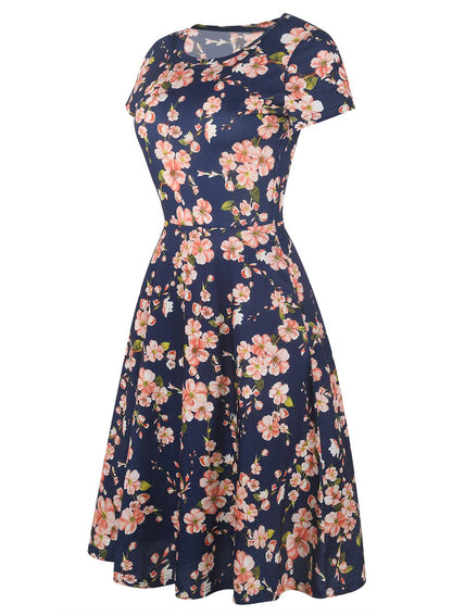 Prime Wardrobe Womens Clothing Vintage Beautiful Casual Short Sleeve Ladies Floral Fit Flare Party Cocktail Aline Swing Dress 162 (M, Navy)