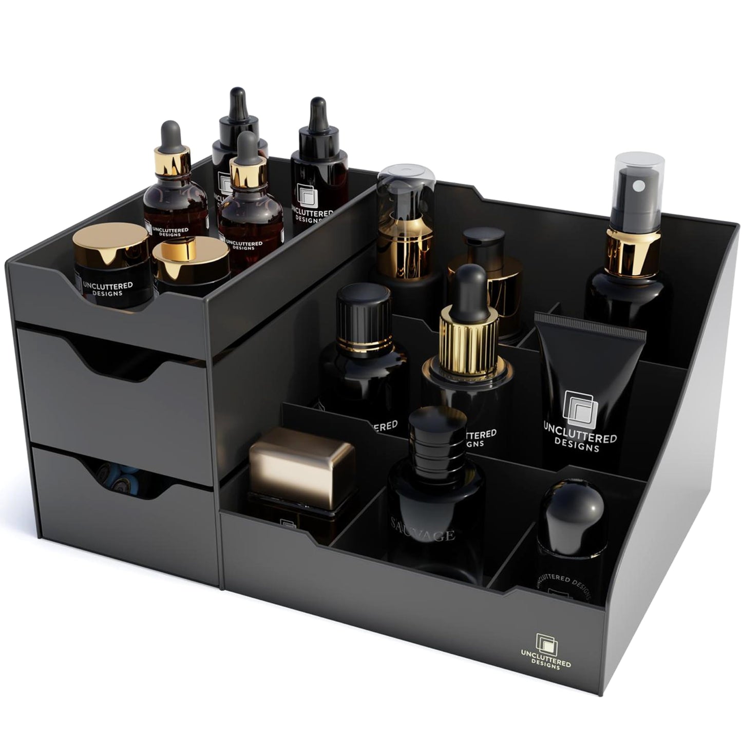 Uncluttered Designs Large Black Vanity Organizer - Countertop Mens Organizer With Drawers for Cologne, Deodorant, Beard, Shaving Lotion, Perfume & Skincare - Perfect for Bathroom & Bedroom Storage