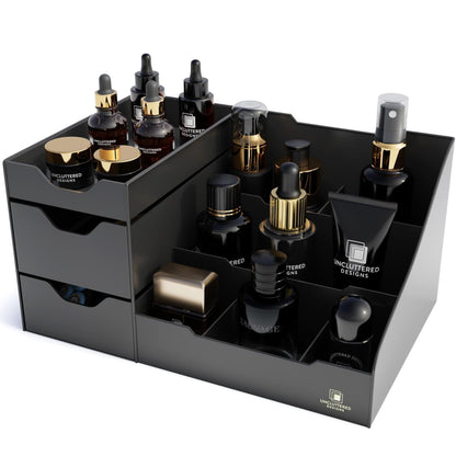 Uncluttered Designs Large Black Vanity Organizer - Countertop Mens Organizer With Drawers for Cologne, Deodorant, Beard, Shaving Lotion, Perfume & Skincare - Perfect for Bathroom & Bedroom Storage