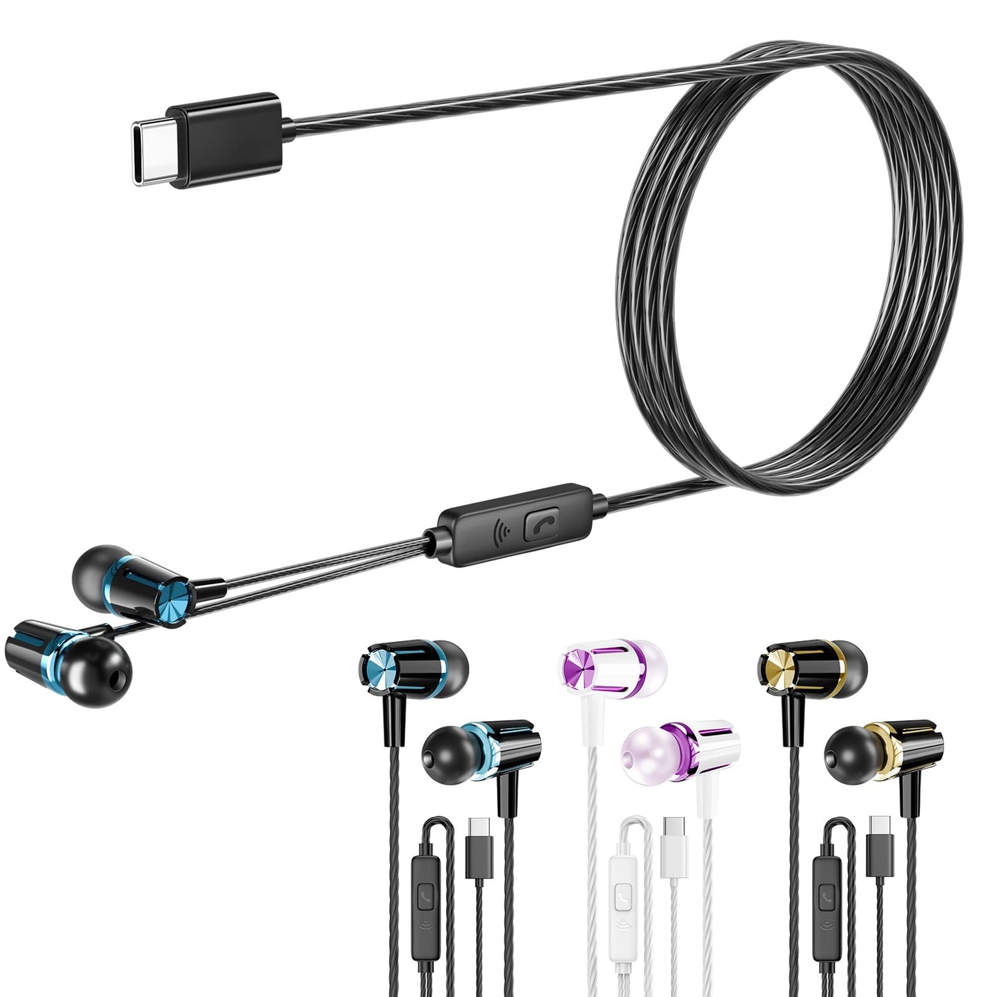 Rayleigh USB C Headphones with Microphone 3 Pack, Wired Earbuds with Heavy Bass, Type C Earphones with Noise Isolating, Compatible with iPad, Android Phones, Fits Most Type C Devices