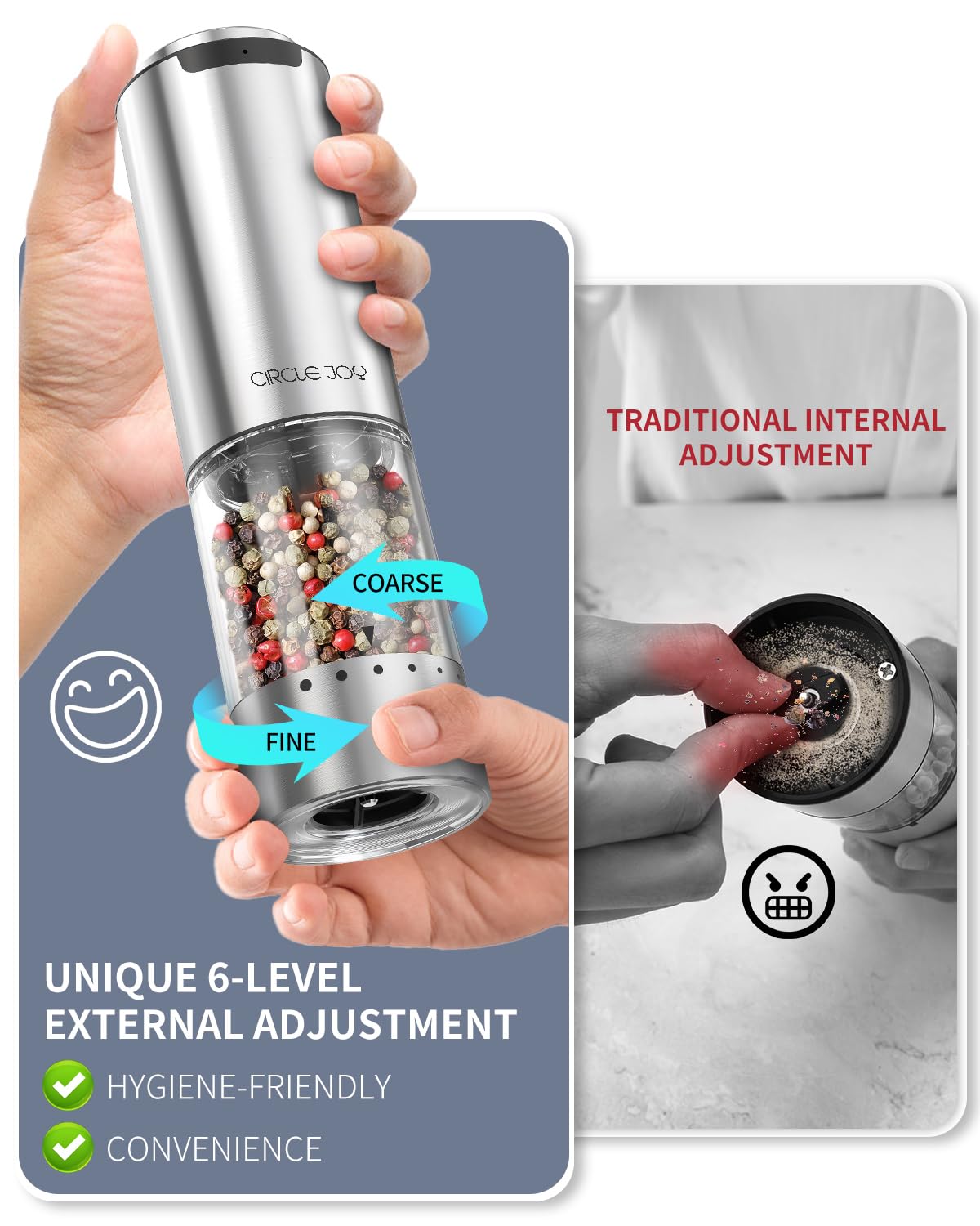 CIRCLE JOY Electric Pepper Grinder Stainless Steel Rechargeable Pepper Mill with External Adjustable Coarseness, 95ml Container and White LED Light, Silver