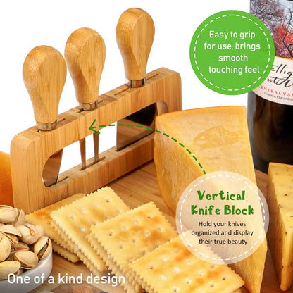 ROYAMY Bamboo Cheese Board Set with 3 Stainless Steel Knife, Meat Charcuterie Platter Serving Tray for Wedding Birthdays Christmas Anniversary Housewarming Kitchen Personalized Gift