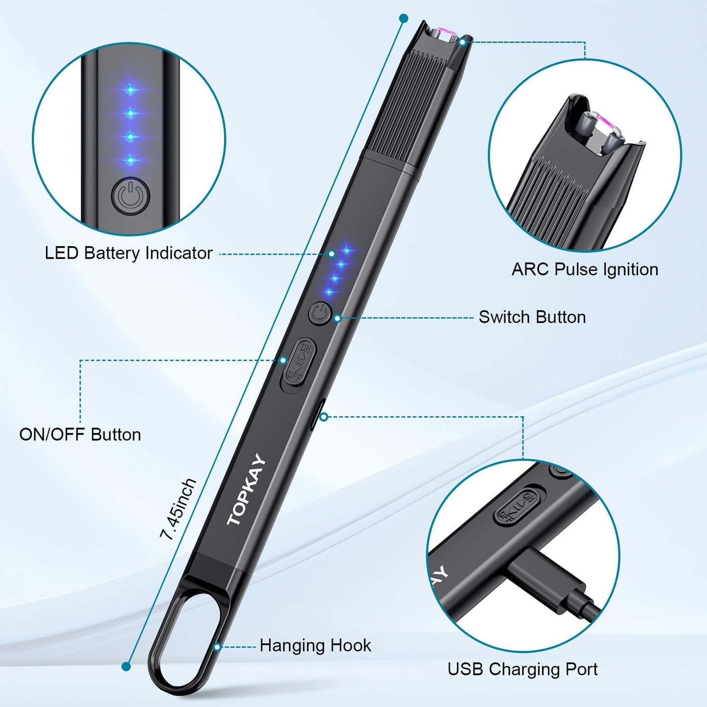 TOPKAY 2 Pack Electric Candle Lighter Windproof Flameless USB Rechargeable Plasma Arc Long Lighter for BBQ Grill Firework Kitchen Camping.