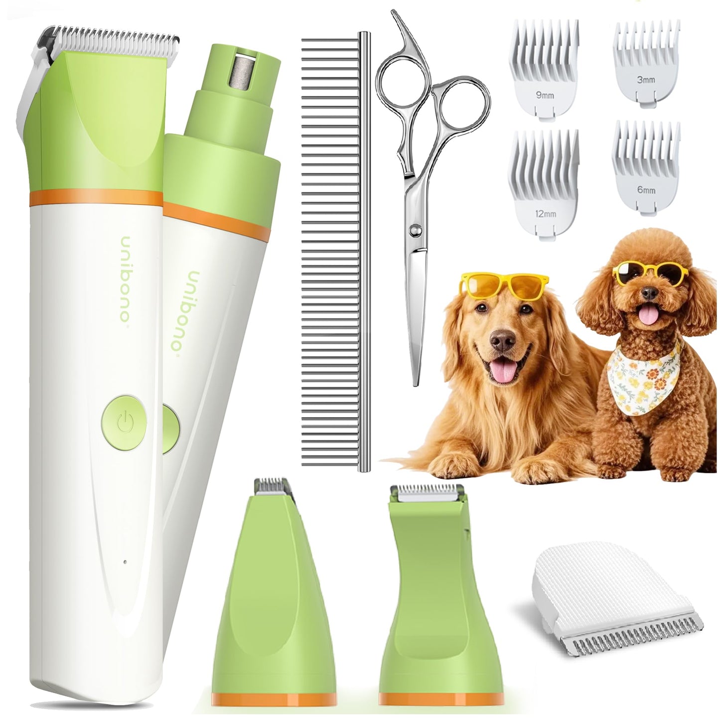 unibono Dog Grooming Kit with Paw Trimmer, All-in-One Low Noise Electric Rechargeable Small Quiet Pet Clippers Foot Dog Hair Shaver with Stainless Steel Scissors and Comb for Dogs at Home (Green)