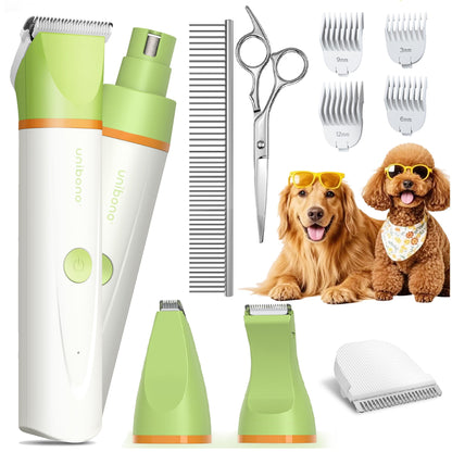unibono Dog Grooming Kit with Paw Trimmer, All-in-One Low Noise Electric Rechargeable Small Quiet Pet Clippers Foot Dog Hair Shaver with Stainless Steel Scissors and Comb for Dogs at Home (Green)