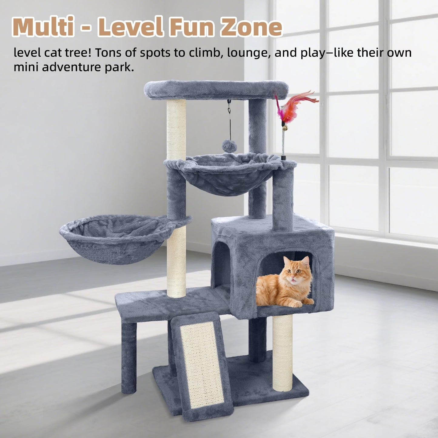 Tuaoeef Cat Tree with Cat Condo and Two Hammocks, Cat Tree with Scratching Posts and Scratching Pads, Cat Tower for Indoor Cats, Activity Centre Climbing Tree with Playful Toy Balls, Grey