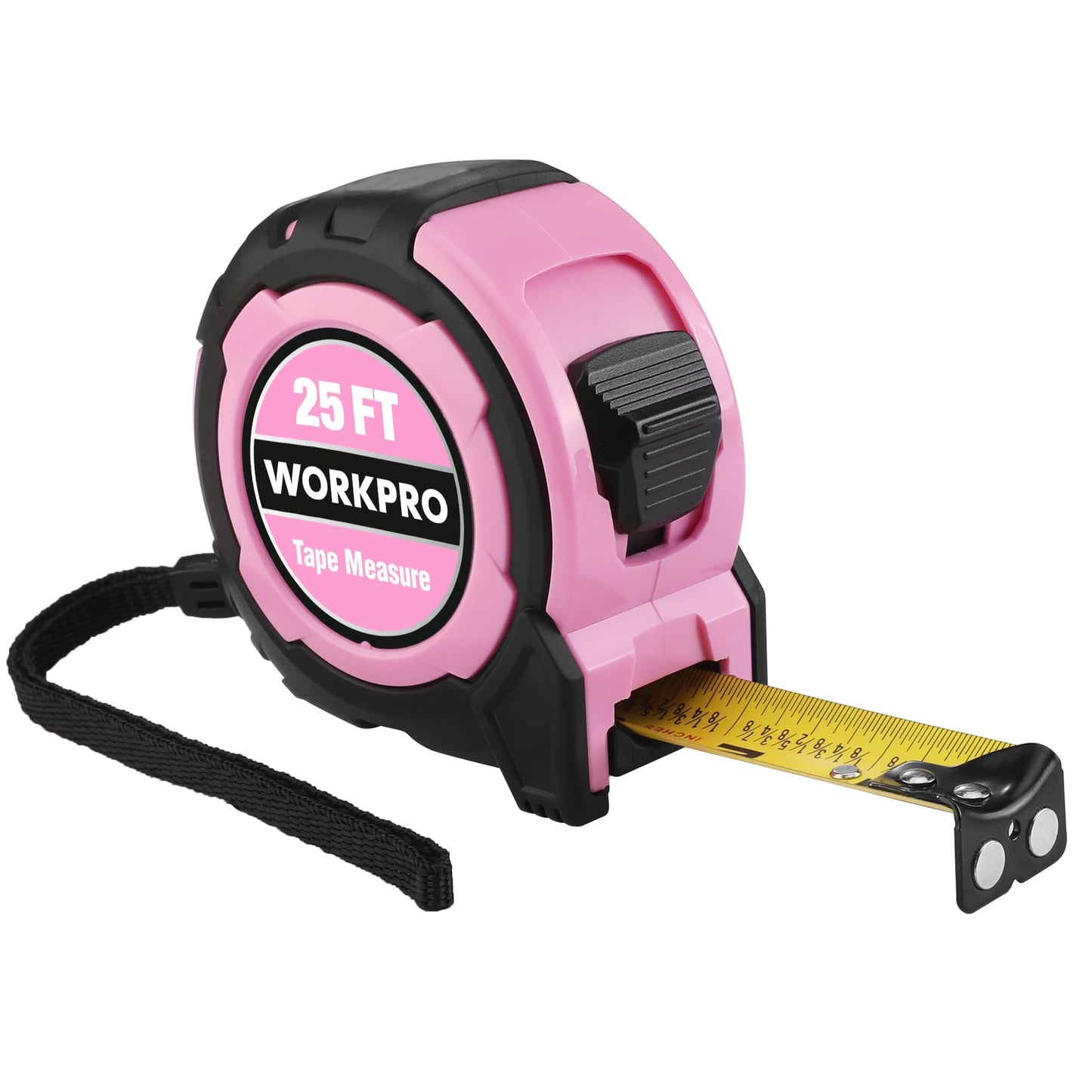 WORKPRO 25FT Pink Tape Measure, 1/8 Fractions Easy Read Measuring Tape, Retractable Nylon Coating Measurement Tape Accuracy 1/32, Magnetic Hook, Belt Clip, Rubber Protective Casing - Pink Ribbon