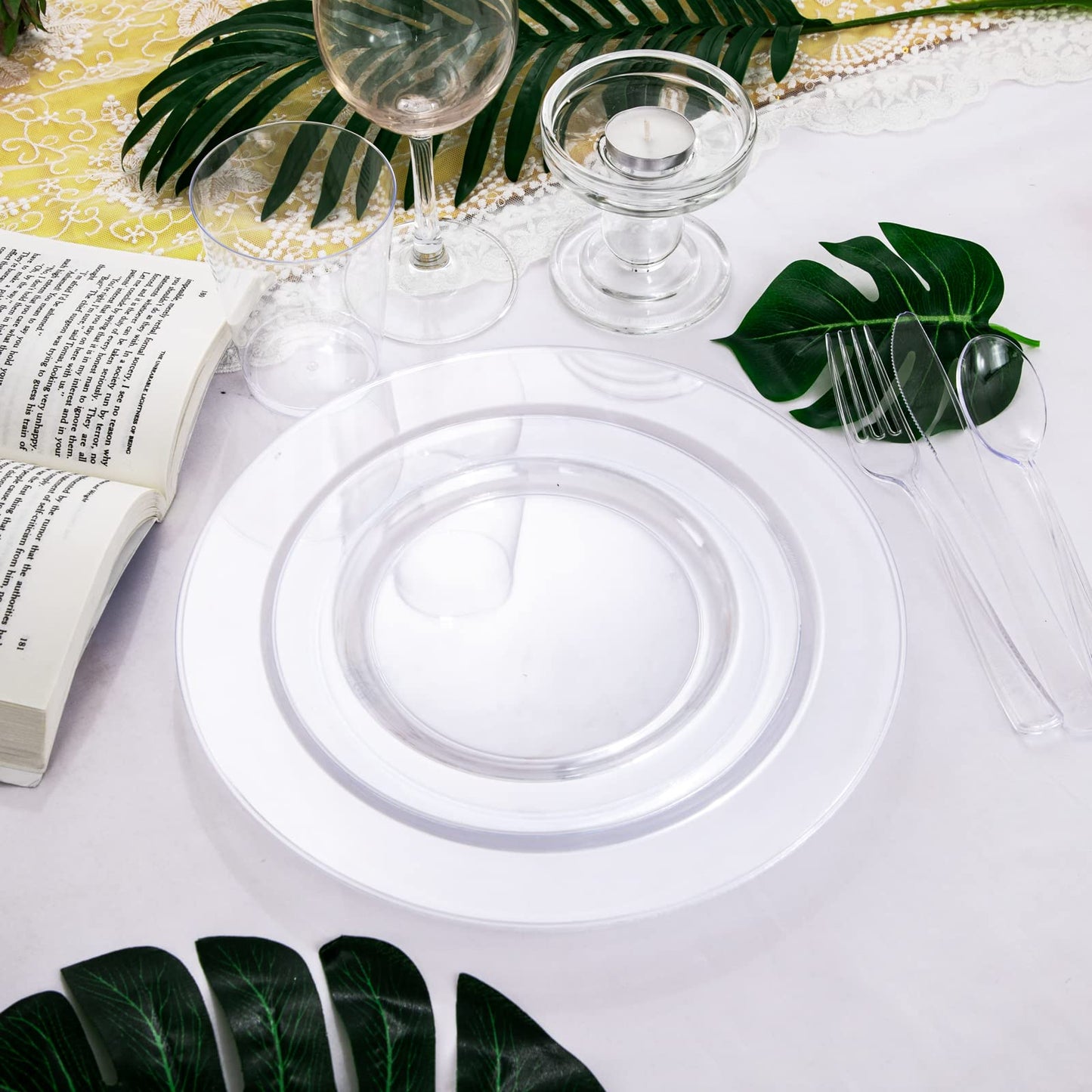 WDF 25 Guest Clear Plastic Plates with Clear Plastic Silverware - Clear Plates and Cups for Party include 25 Dinner Clear Plates, 25Salad Plates, 25Forks, 25Knives, 25 Spoons, 25Cups