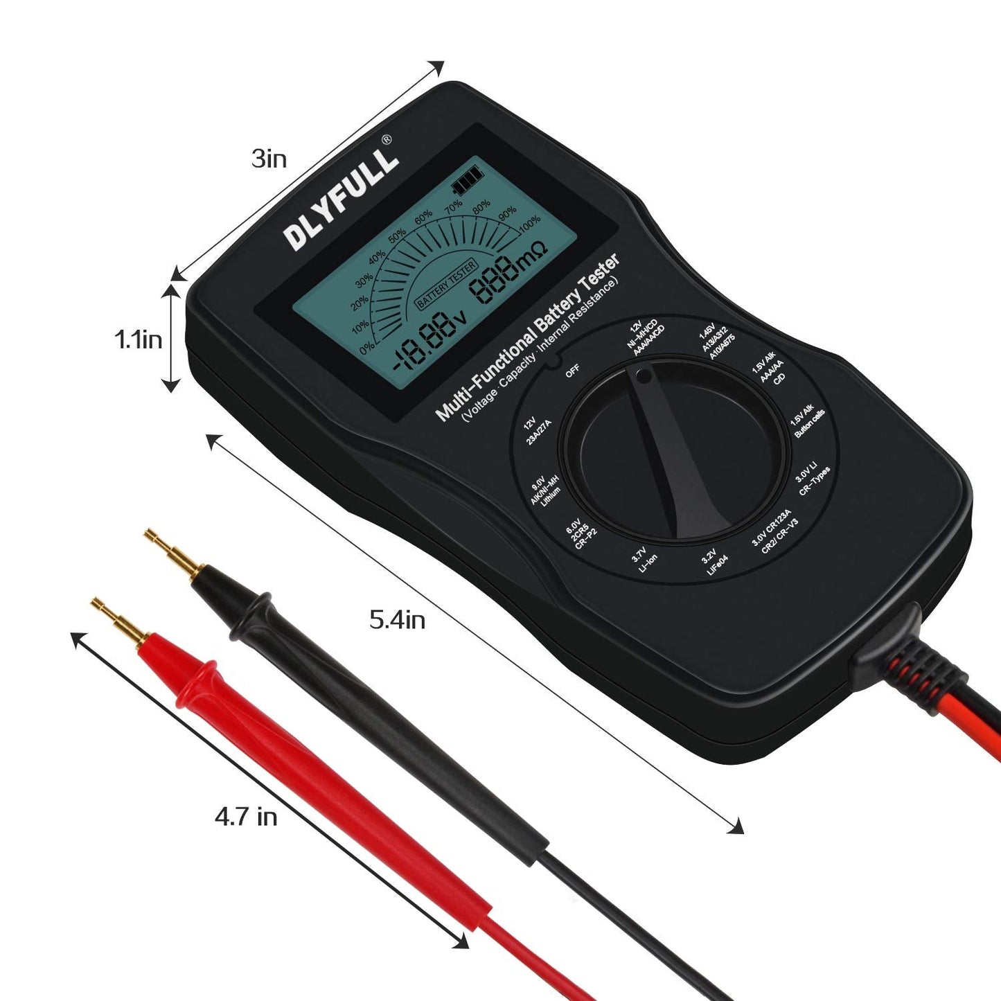 Universal Battery Checker Tester with Leads LCD Display, Battery Capacity Voltage Resistance Tester for AAA AA C D 9V Digital 12V 3.7V Li-ion 18650 CR123A CR2032 Button Cell Batteries More