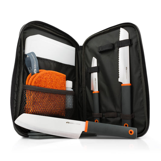 GSI Outdoors Santoku Knife Set, Compact 6-Piece Camping Chef Knife Kit with Cutting Board, Sheaths, Soap Bottle & Travel Case