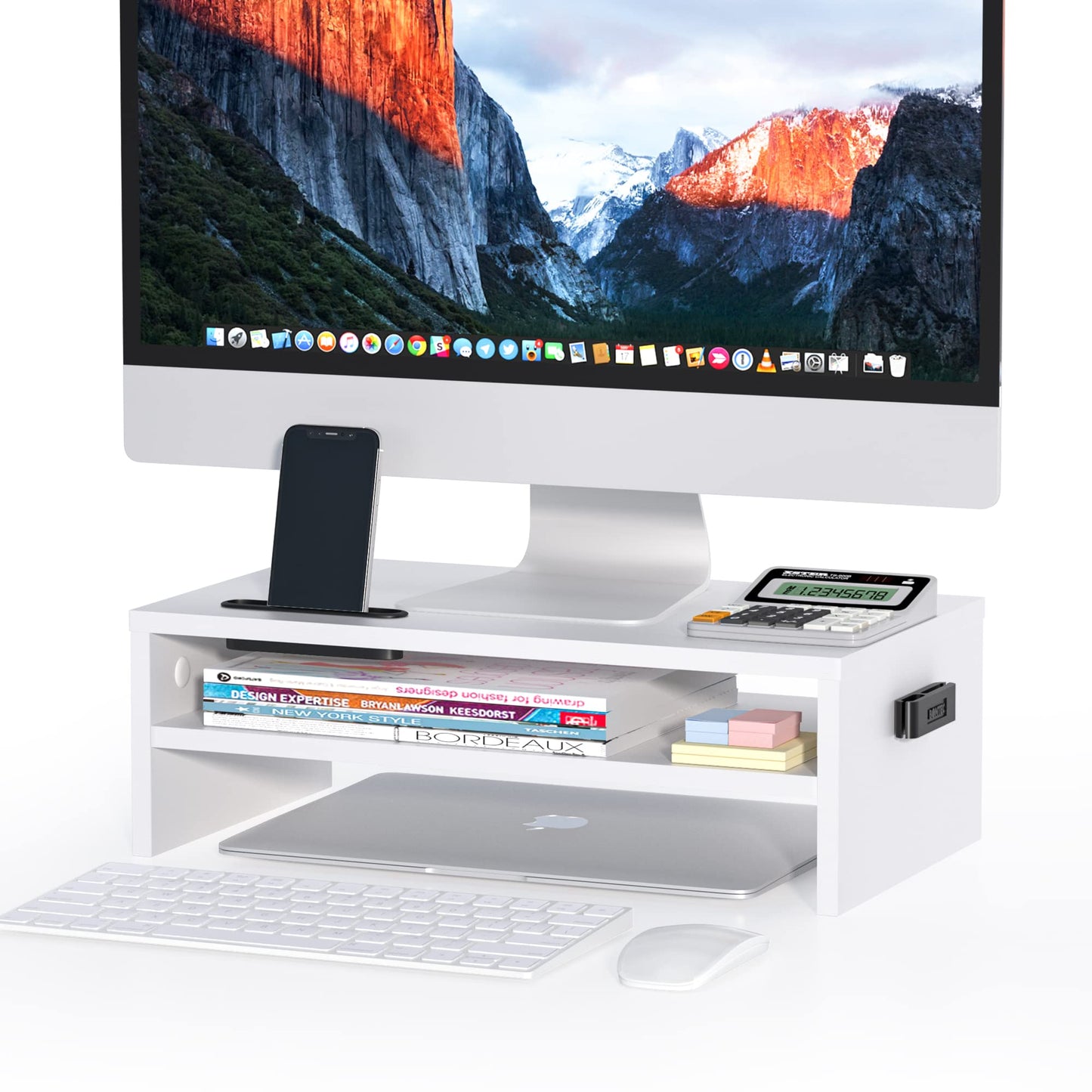 BONTEC Wooden Monitor Stand Riser, 2-Tier Desk Shelf with Storage Organizer, Ergonomic Computer Stand with Cable Management, Cellphone Holder, White, 16.5 Inch