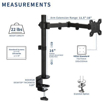 VIVO Single 13 to 38 inch Ultrawide Monitor Arm Desk Mount, Regular Screens up to 32 inches, 22 lbs capacity, Fully Adjustable Stand with C-Clamp and Grommet Base, Black, STAND-V001