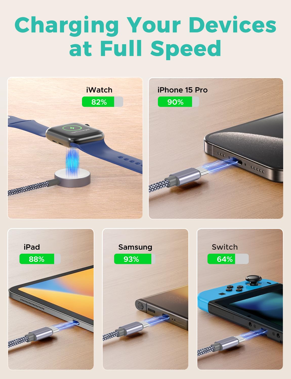 Travel Essentials,3 in 2 USB C Cable for Apple Watch Charger/iPhone Charger,Multi Charging Cable,Vacation RV Camping Essentials,Portable for iWatch Series 11-2/Ultra/SE& iPhone 17-12,Car,Xbox-4FT