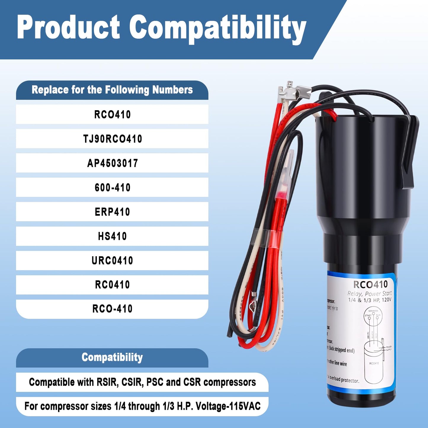 Wadoy RCO410 3 in 1 Compressor Hard Start Capacitor Kit For Refrigerators & Freezers 1/4-1/3 H.P. 115VAC