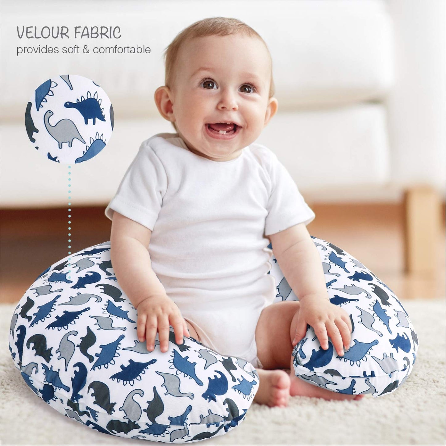 The Peanutshell Nursing Pillow Cover Set of 2 - Soft Newborn Nursing Baby Girl or Boy Pillow Covers, Supportive & Comfortable Breastfeeding, Tummy Time Must Haves, Baby Essentials - Dino & Blue Minky