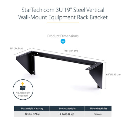StarTech.com 3U 19" Wall Mount Vertical Rack Bracket, Wall Mount Patch Panel Bracket for Data/AV/IT/Computer Equipment, 3U Rack for Cabinet or Server Room, Supports 150lb (68kg) , TAA (RK319WALLV)