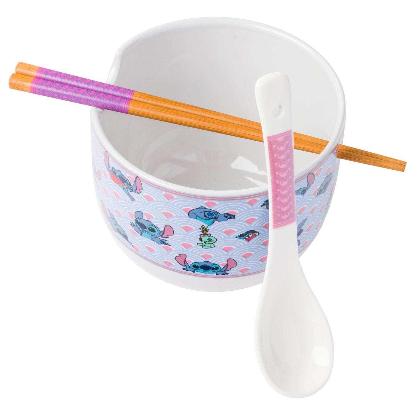 Silver Buffalo Lilo and Stitch Scrump Waves Japanese Pattern Ceramic Ramen Noodle Rice Bowl with Chopsticks and Spoon, Microwave Safe, 20 Ounces