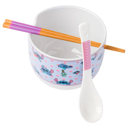 Silver Buffalo Lilo and Stitch Scrump Waves Japanese Pattern Ceramic Ramen Noodle Rice Bowl with Chopsticks and Spoon, Microwave Safe, 20 Ounces