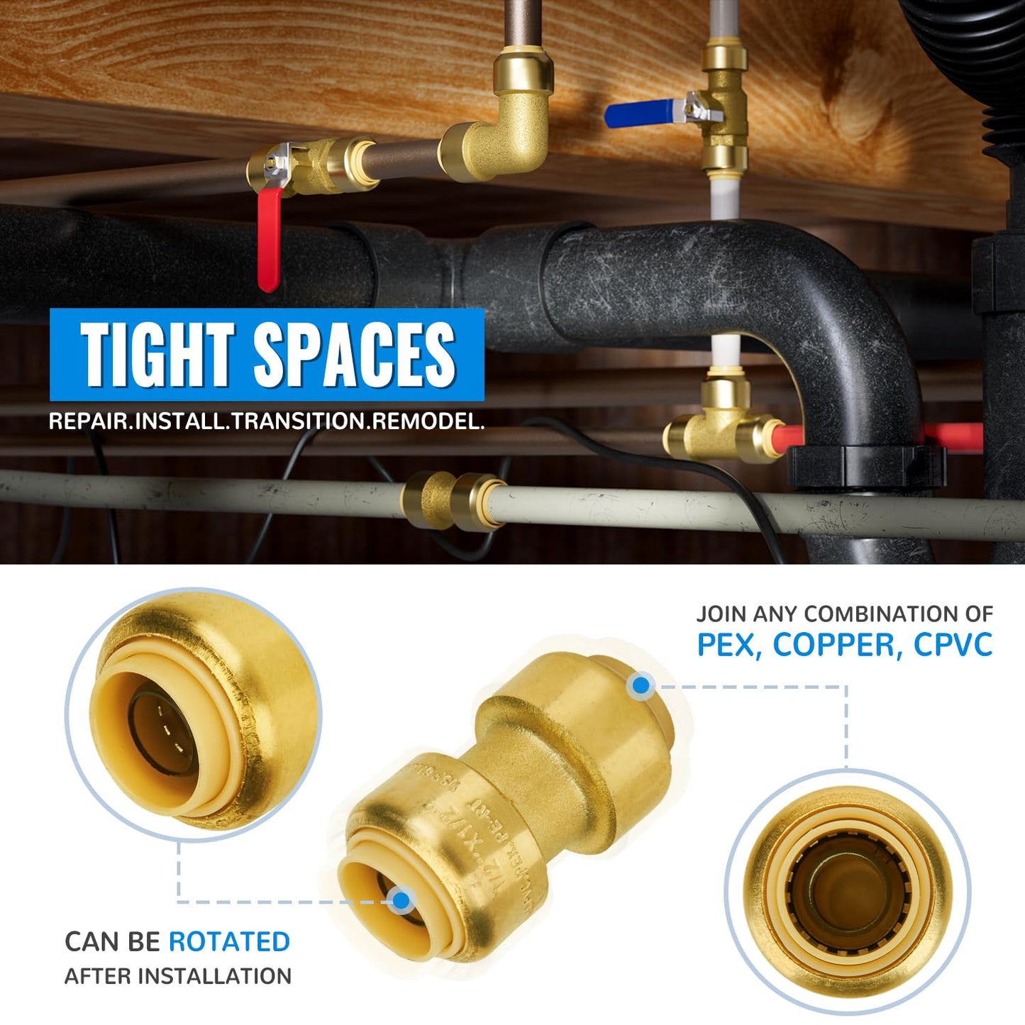 SUNGATOR 1/2 Inch Coupling, Push Pex Fittings 1/2 Inch, 1/2" Straight Coupling, No Lead Brass Push-to-Connect Fittings for Pex Pipe, Copper, CPVC, with 1 Disconnect Clip, Pack of 12