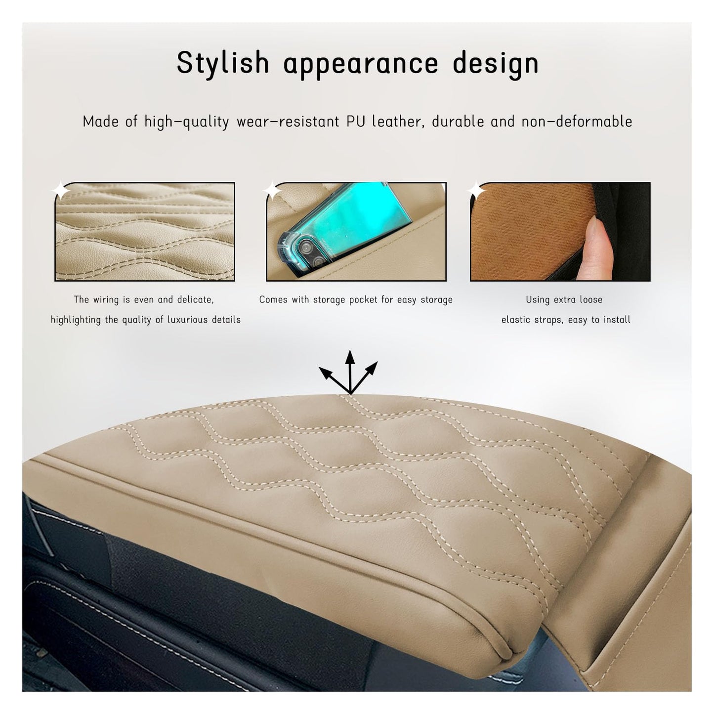 Ziciner Car Center Console Cover, Leather Memory Foam Armrest Cushion Protection Pad, Waterproof Hand Rest Pillow with Height Increase, Universal Accessory for Most Car (Beige)