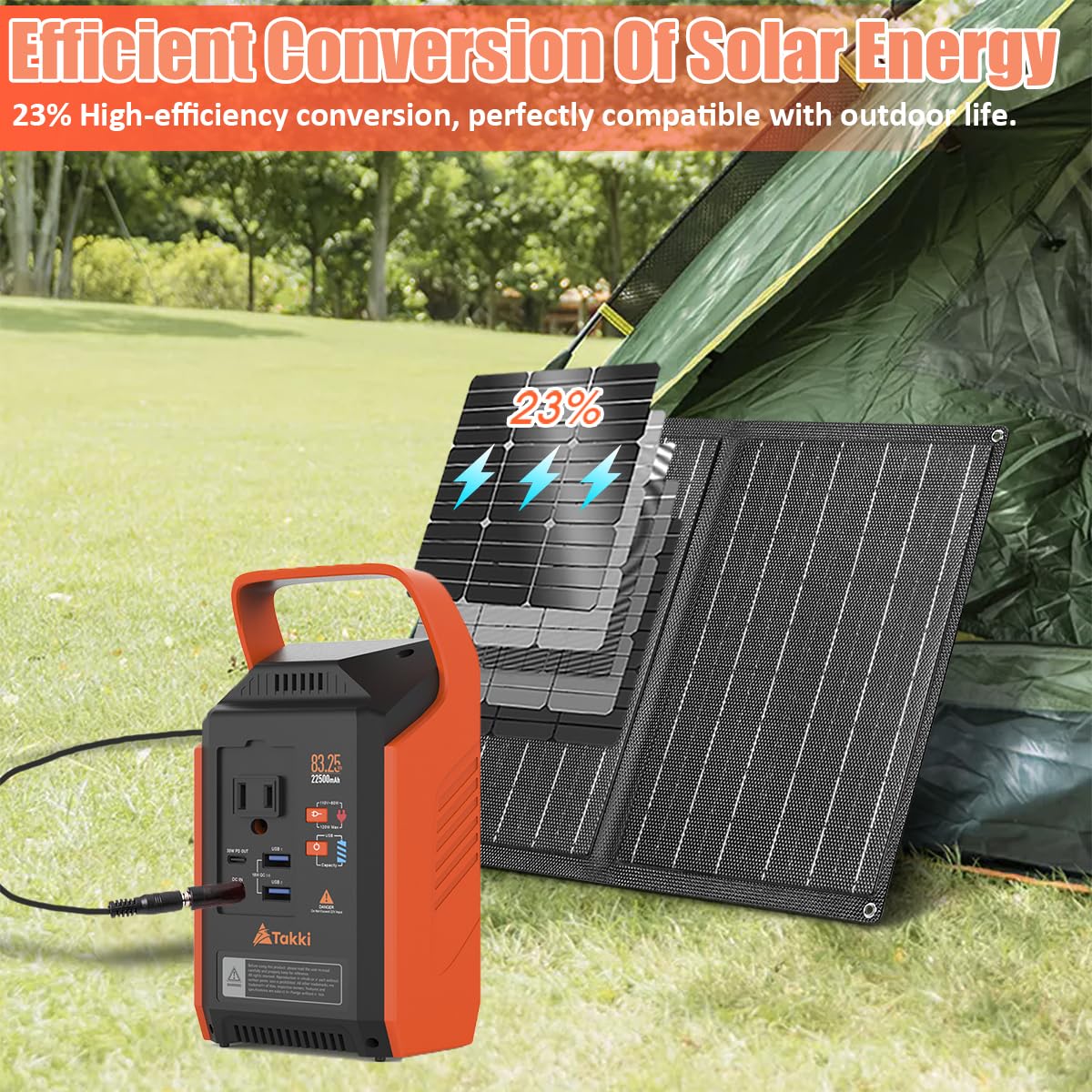 Takki 120W Peak Solar Generator with 21W Panel 83Wh Portable Power Station Solar Power Bank with 110V AC Outlet for Camping Home Use Outdoor Emergency Fan Laptop Hurricane