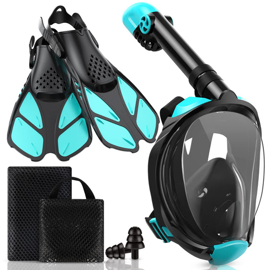 Viginsul Mask Fins Snorkeling Gear for Adults, Full Face Snorkel Mask & Adjustable Swim Fins Snorkel Set, Panoramic View Snorkel Mask Dry Top Anti-Fog Anti-Leak