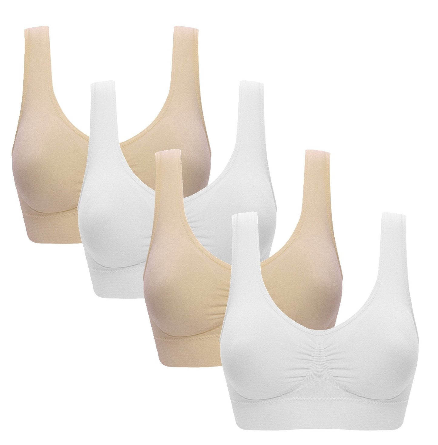 Vermilion Bird Women's 4 Pack Seamless Comfortable Sports Bra with Removable Pads White*2 Beige*2 XXL