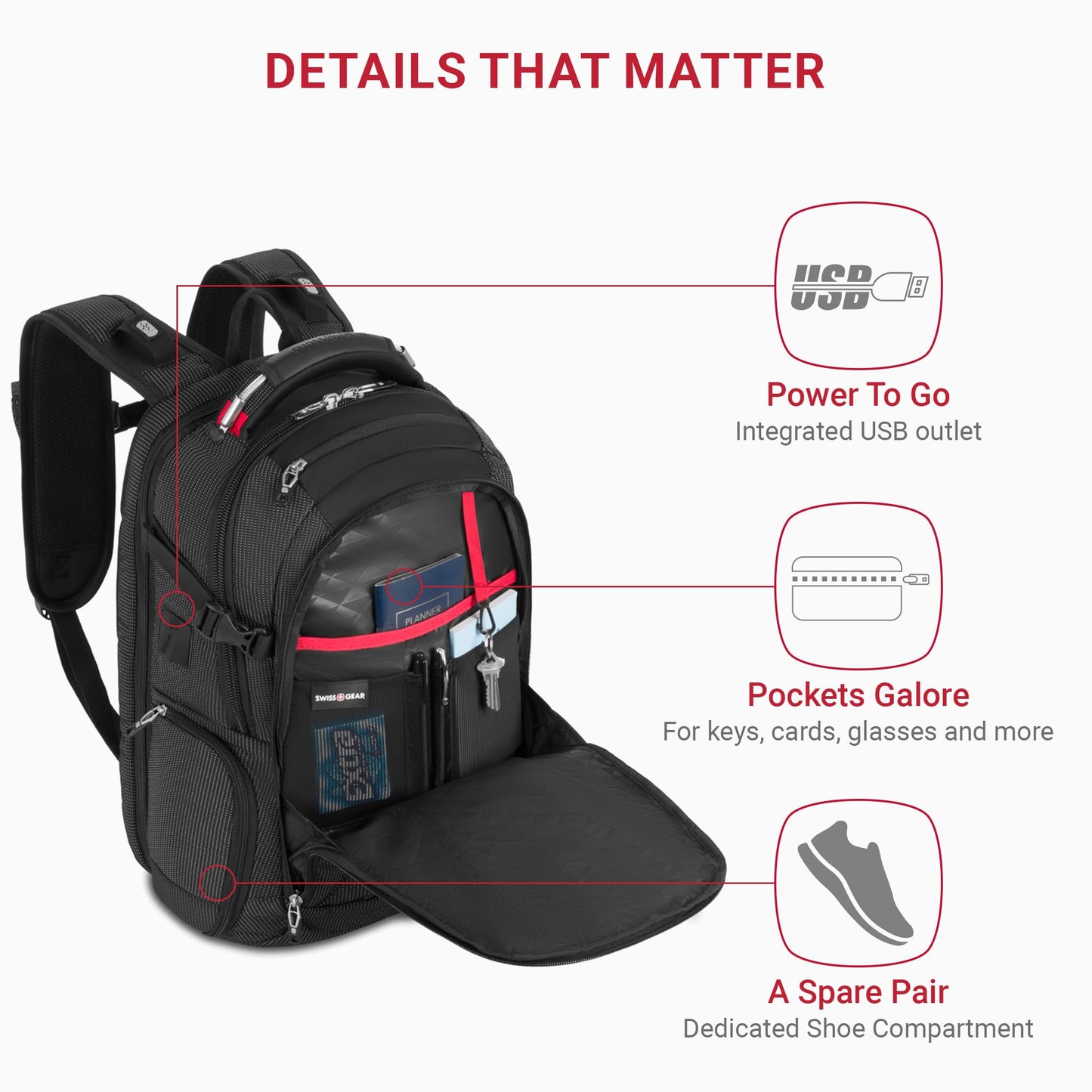 SwissGear Travel Tech Elite Laptop Backpack – Fits Laptops up to 16” – ScanSmart TSA-Friendly Backpack with USB Port, Shoe Compartment & Organizer Pockets – Black Dot