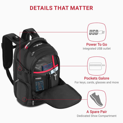 SwissGear Travel Tech Elite Laptop Backpack – Fits Laptops up to 16” – ScanSmart TSA-Friendly Backpack with USB Port, Shoe Compartment & Organizer Pockets – Black Dot