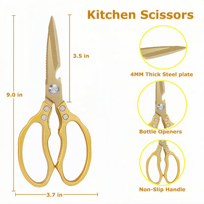 AWinjoy Kitchen Scissors, Heavy Duty Sharp Kitchen Shears Dishwasher Safe, Kitchen Accessories Cooking Shears for Kitchen Meat Chicken Fish Poultry Herb Bread (All Gold), skr-05