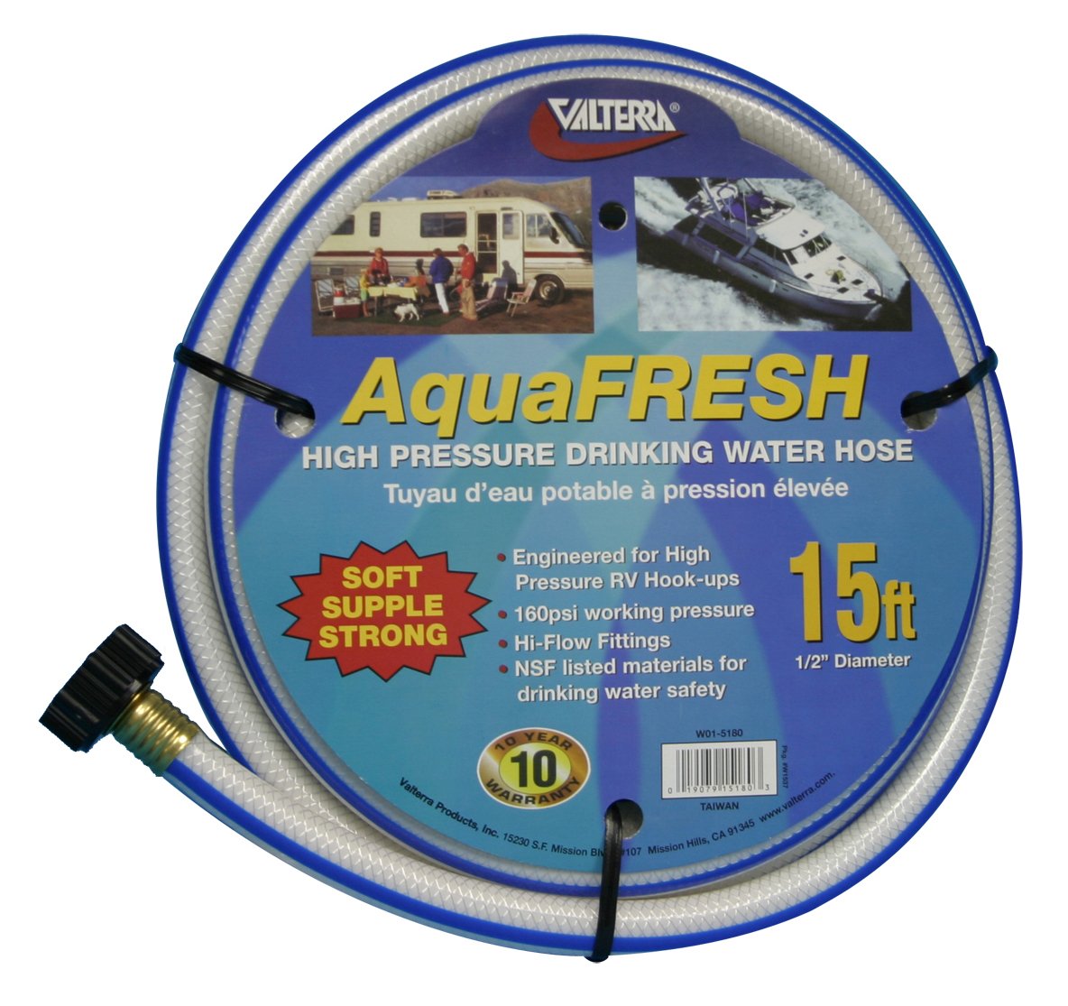 Valterra AquaFresh High Pressure Drinking Water Hose, Water Hose Hookup for RV - 1/2" x 15', White