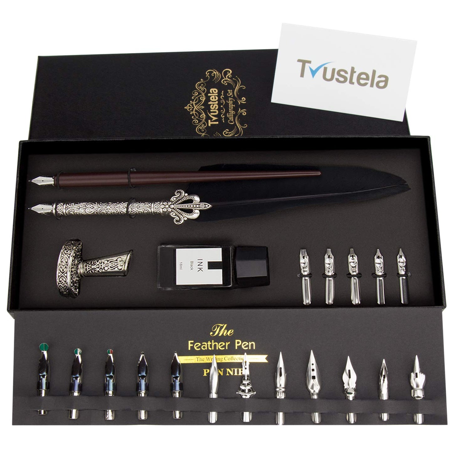 Trustela Calligraphy Set for Beginners, Wooden Dip Pen, Feather Quill, 19 Nibs, Ink Set, Gift Box