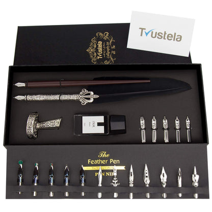 Trustela Calligraphy Set for Beginners, Wooden Dip Pen, Feather Quill, 19 Nibs, Ink Set, Gift Box