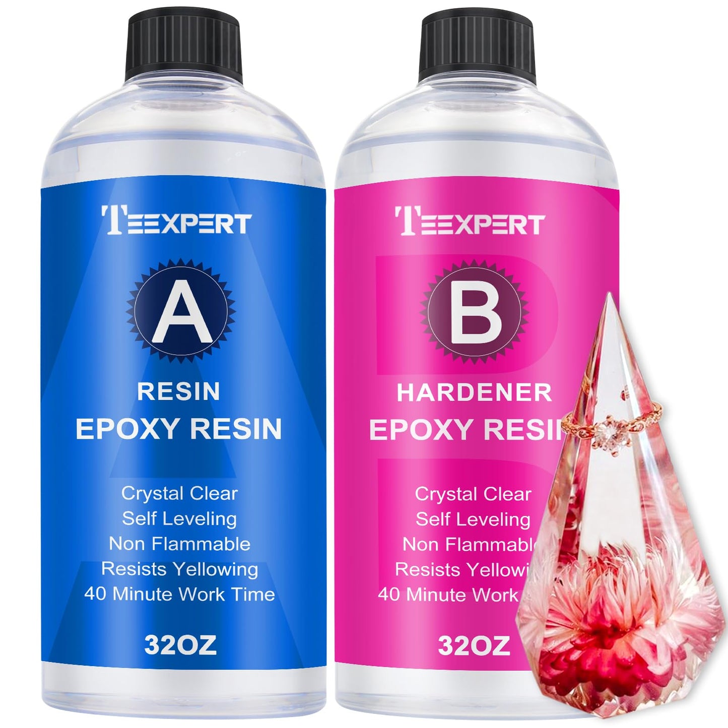 Teexpert Epoxy Resin Crystal Clear: 64OZ Epoxy Resin kit Fast Curing Heat Resistant for Casting Coating Art DIY Craft Jewelry Wood Table Top Flower Preservation- 2 Part(32OZ Resin and 32OZ Hardener)
