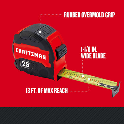 CRAFTSMAN 25-Ft Tape Measure with Fraction Marketing, Retractable, Manual-Locking Blade (CMHT37443S)