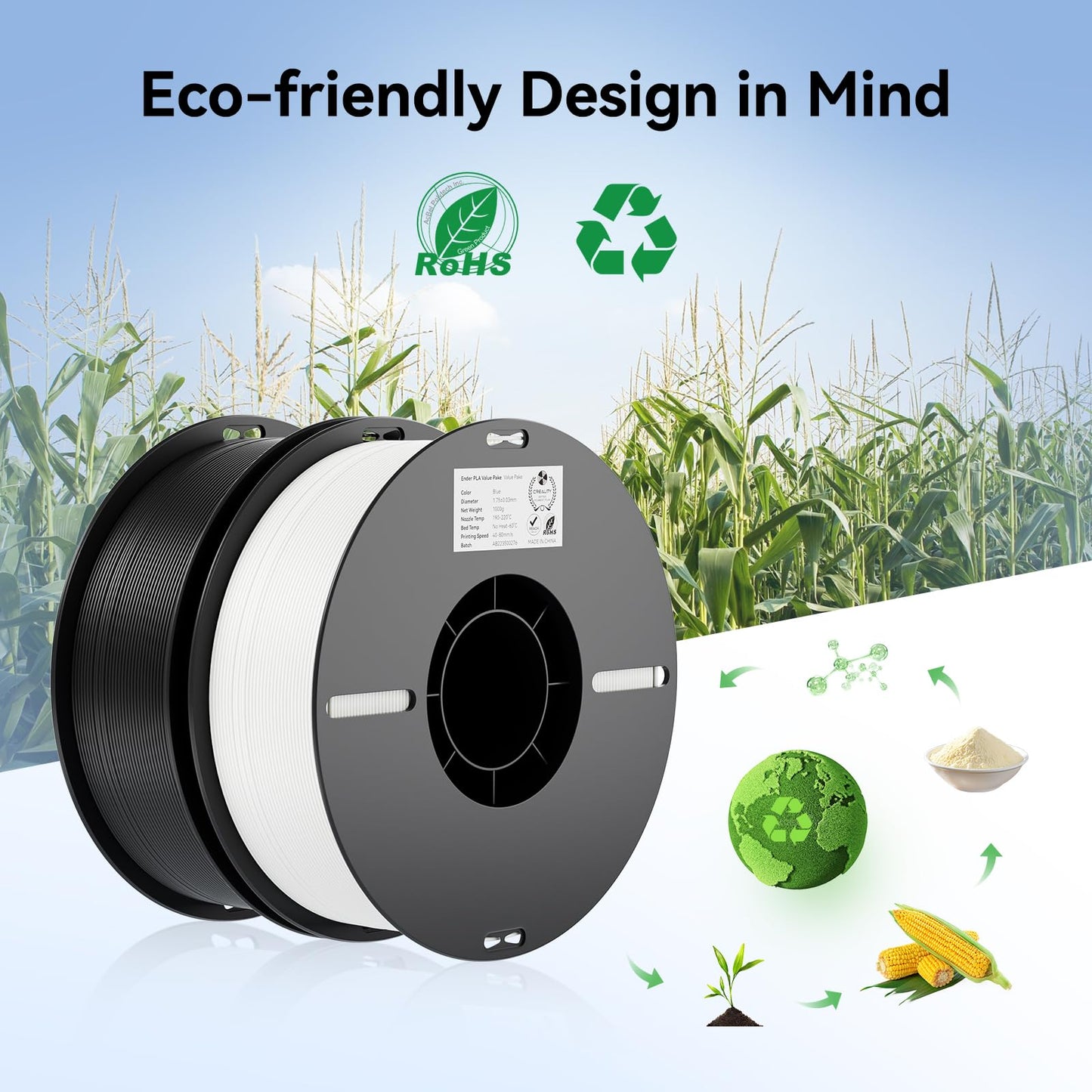 Creality 2kg Black & White PLA 1.75mm Filament Bundle for 3D Printing with No-Tangling Strong Bonding and Overhang Performance, Accuracy +/- 0.02mm