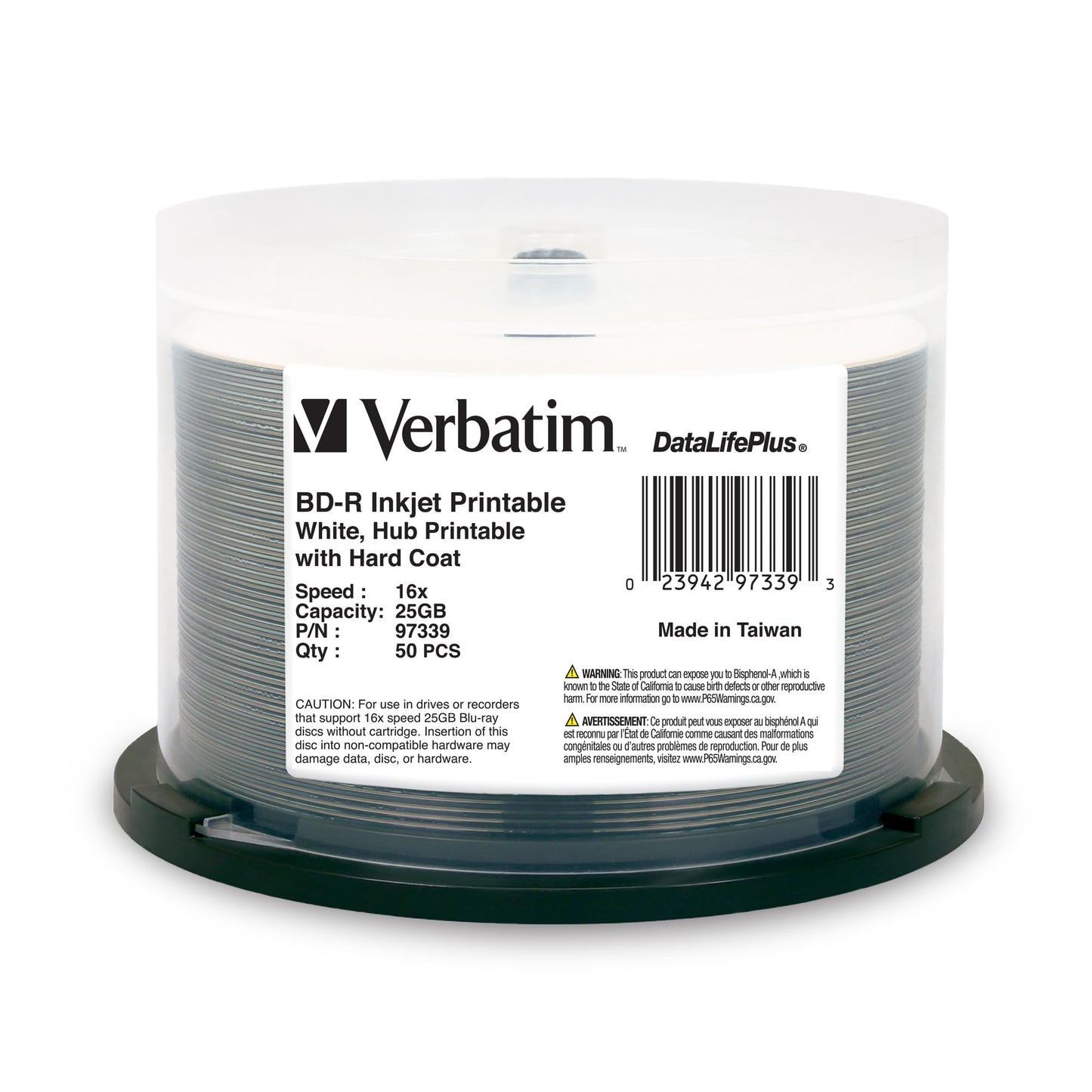 Verbatim BD-R 25GB 16X Blu-ray Recordable Media Disc DataLifePlus White Inkjet Hub Printable - 50pk Spindle - 97339