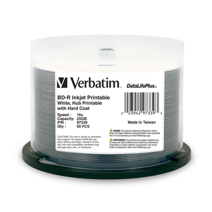 Verbatim BD-R 25GB 16X Blu-ray Recordable Media Disc DataLifePlus White Inkjet Hub Printable - 50pk Spindle - 97339