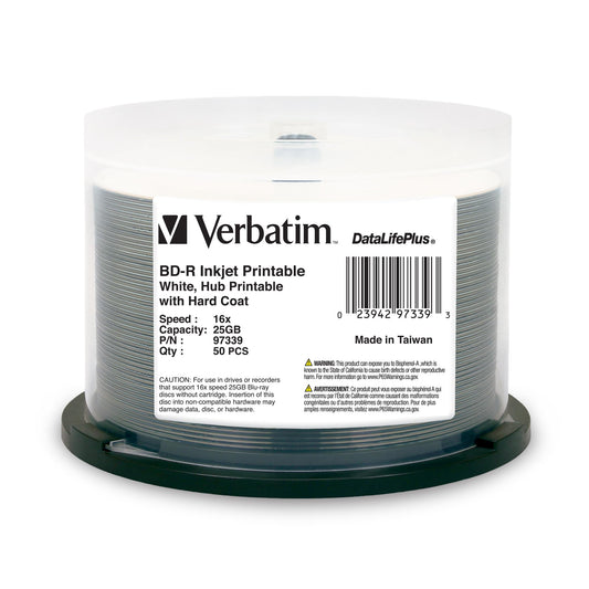 Verbatim BD-R 25GB 16X Blu-ray Recordable Media Disc DataLifePlus White Inkjet Hub Printable - 50pk Spindle - 97339