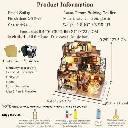 Spilay DIY Dollhouse Miniature with Furniture,DIY Wooden Crafts Doll House Mini Handmade Kit with Dust Proof Cover and Music Movement,1:24 Scale Creative Room Idea Gift for Adult Friend Lover (M2132)