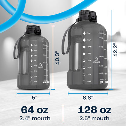 AQUAFIT 1 Gallon Water Jug with Time Marker - BPA Free 128 oz Gym Water Bottle with Straw, Handle, Gray