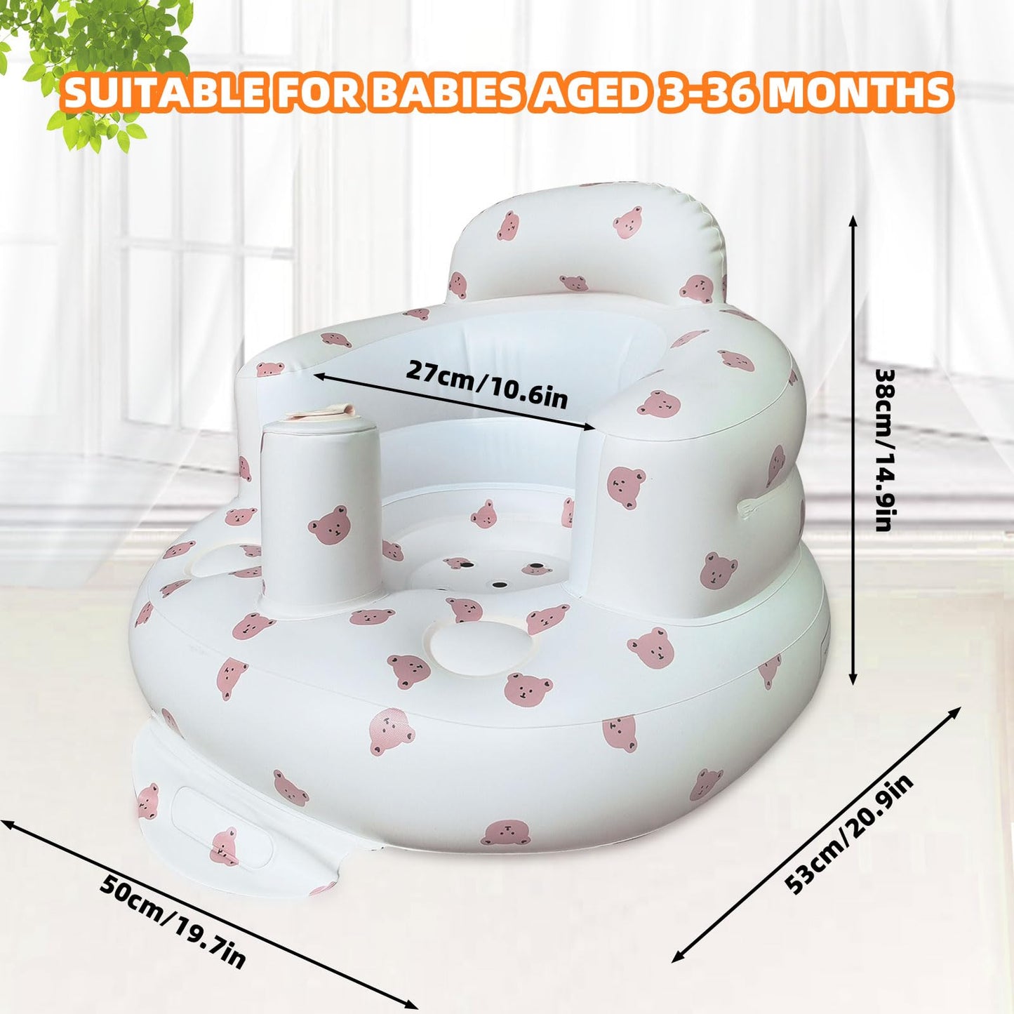 AGITVPS Inflatable Baby Seat for Babies 3-36 Months, Built in Air Pump Baby Chair Sit Me up Floor Seat for Baby, Bumbo Seat for Learning to Sit, Feeding, Camping (Bear)